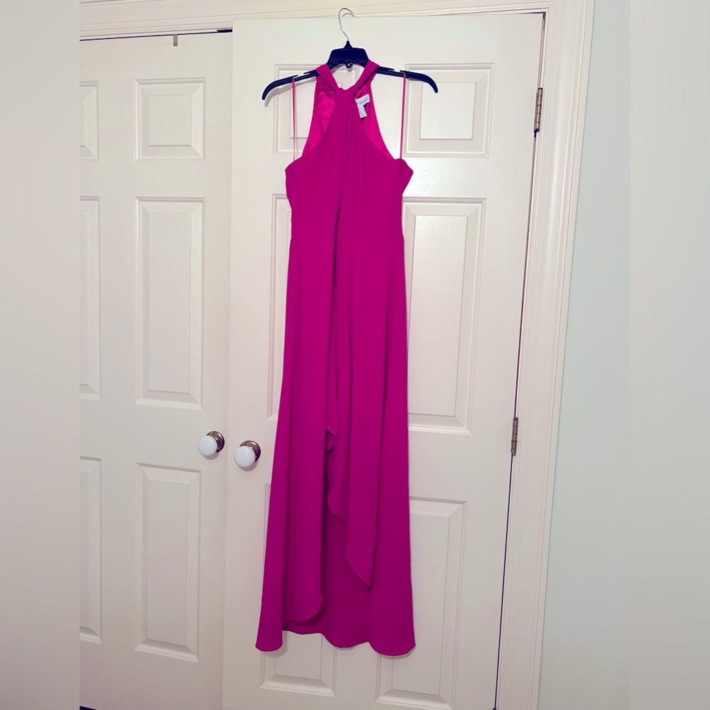 Badgley Mischka Fuchsia High-Low Halter Dress - Picture 4 of 5